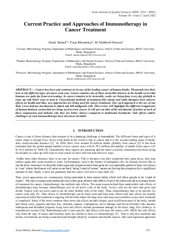 (PDF) Current Practice and Approaches of Immunotherapy in Cancer Treatment