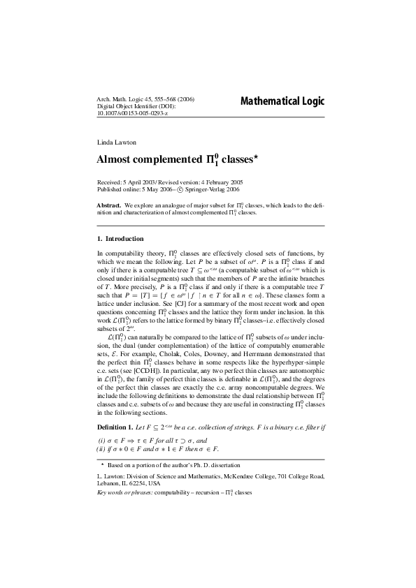 (PDF) Almost complemented Π01 classes