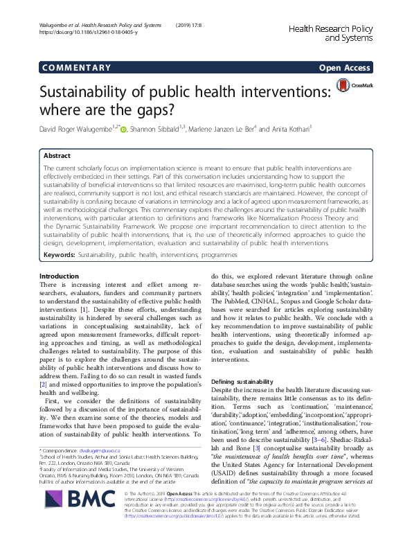 (PDF) Sustainability of public health interventions: where are the gaps?