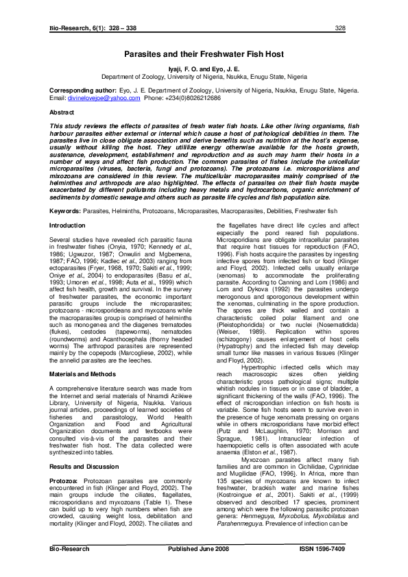(PDF) Parasites and their Freshwater Fish Host