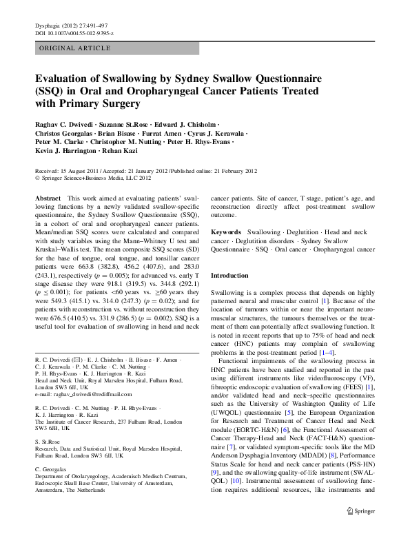 (PDF) Evaluation of Swallowing by Sydney Swallow Questionnaire (SSQ) in ...