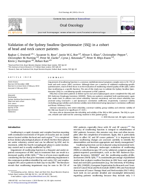 (PDF) Validation of the Sydney Swallow Questionnaire (SSQ) in a cohort ...