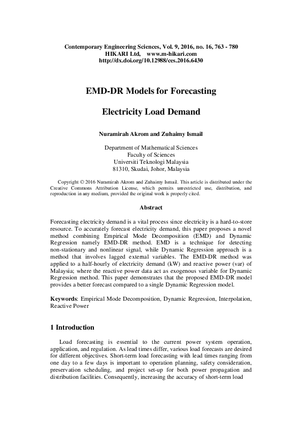 (PDF) EMD-DR models for forecasting electricity load demand