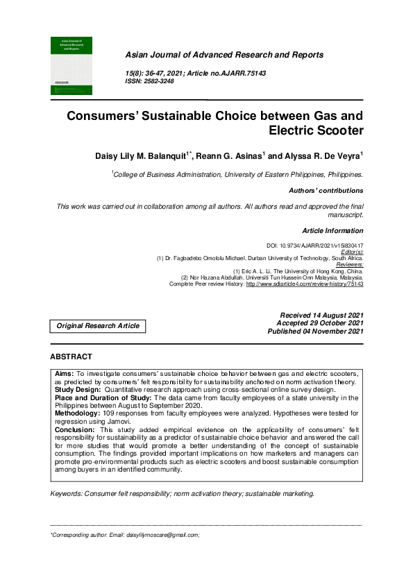 (PDF) Consumers’ Sustainable Choice between Gas and Electric Scooter