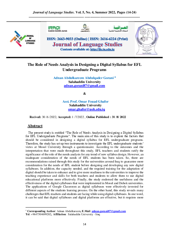 (PDF) The Role of Needs Analysis in Designing a Digital Syllabus for ...