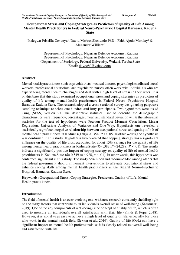 (PDF) Occupational Stress and Coping Strategies as Predictors of ...