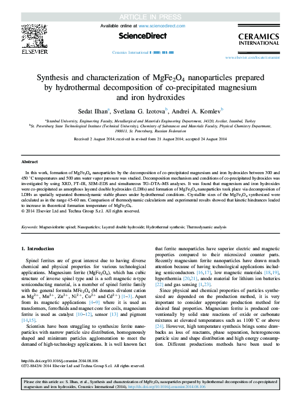 (PDF) Synthesis and characterization of MgFe2O4 nanoparticles prepared ...