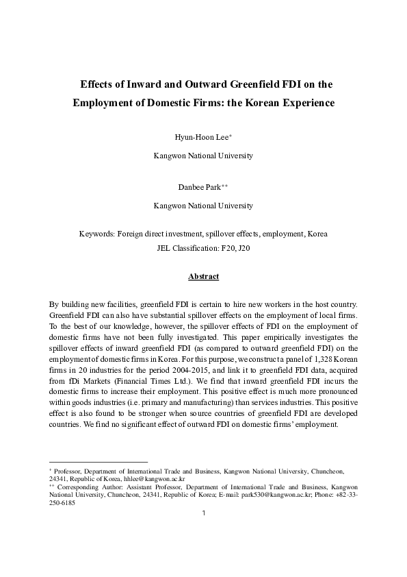 (PDF) Effects of Inward and Outward Greenfield FDI on Employment by ...
