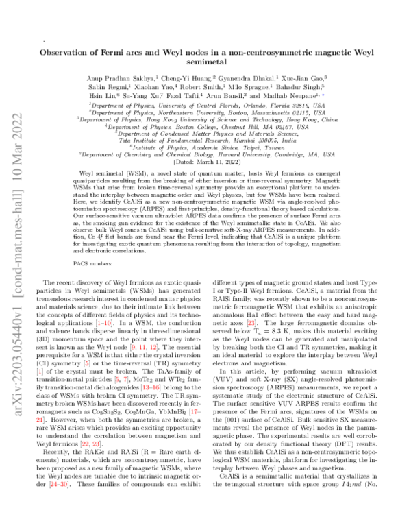 (PDF) Observation of Fermi arcs and Weyl nodes in a noncentrosymmetric ...