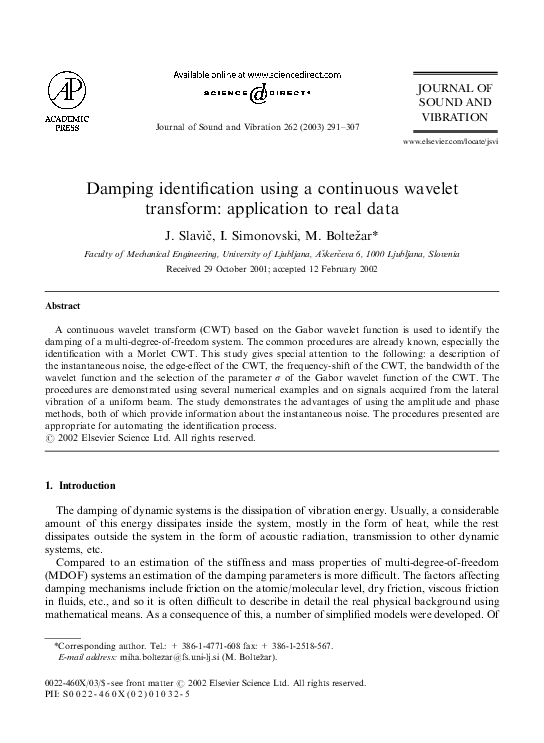 (PDF) Damping identification using a continuous wavelet transform ...