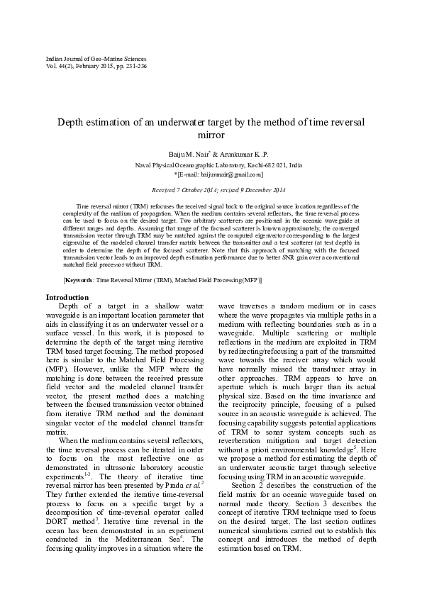 (PDF) Depth estimation of an underwater target by the method of time ...