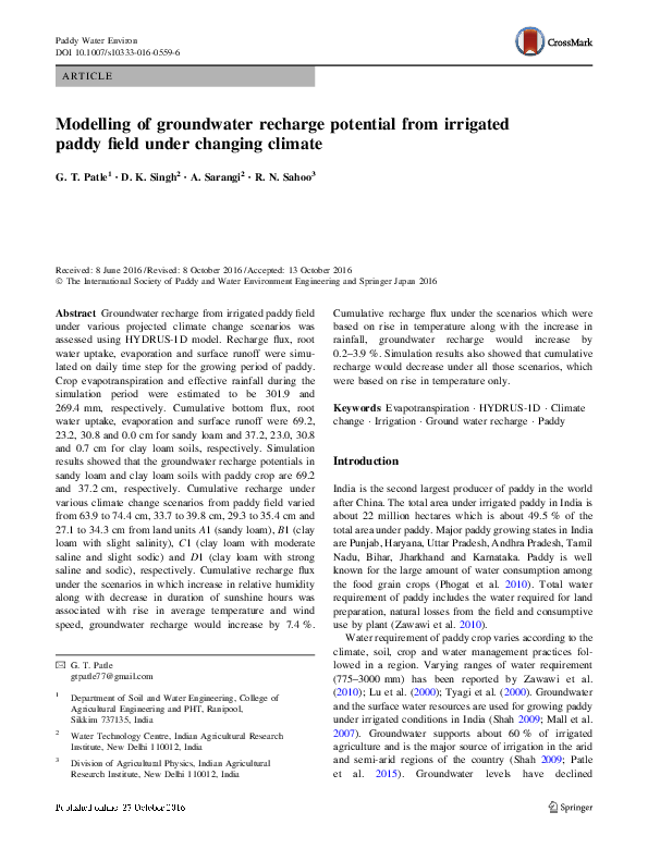 (PDF) Modelling of groundwater recharge potential from irrigated paddy ...