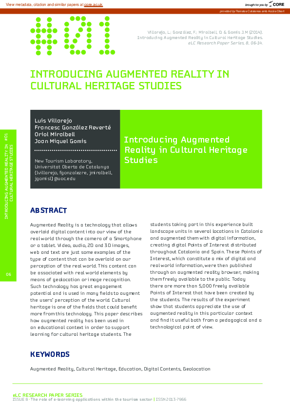 (PDF) Introducing Augmented Reality in Cultural Heritage Studies