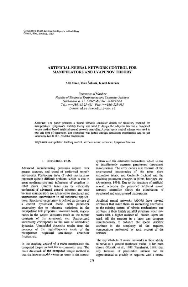 (PDF) Artificial Neural Network Control for Manipulators and Lyapunov ...