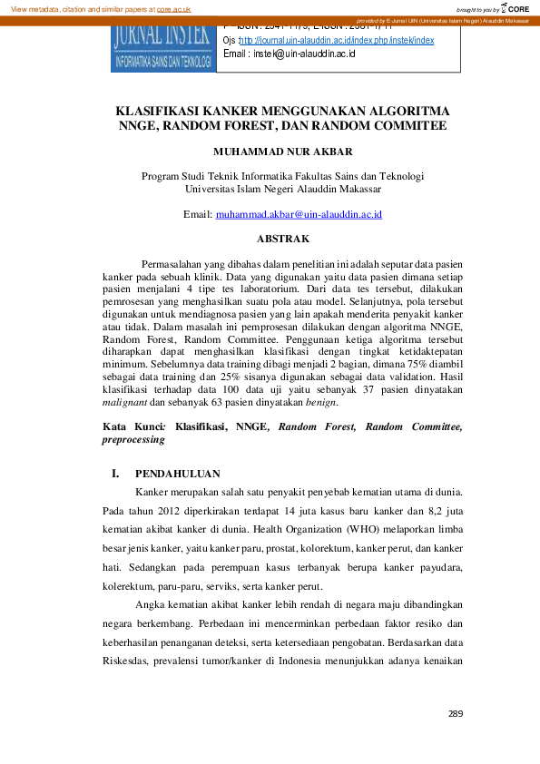 (PDF) Klasifikasi Kanker Menggunakan Algoritma Nnge, Random Forest, Dan ...