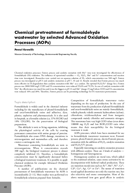 (PDF) Chemical pretreatment of formaldehyde wastewater by selected ...