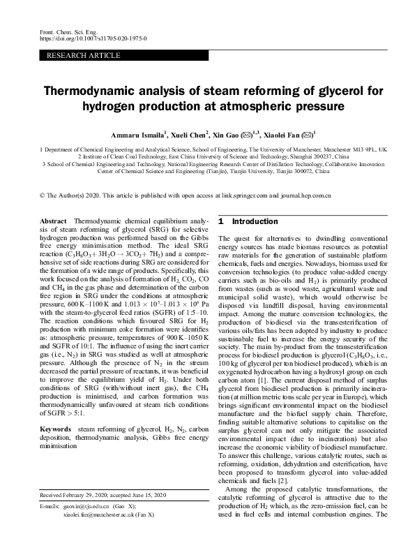 (PDF) Thermodynamic Analysis of Steam Reforming of Glycerol