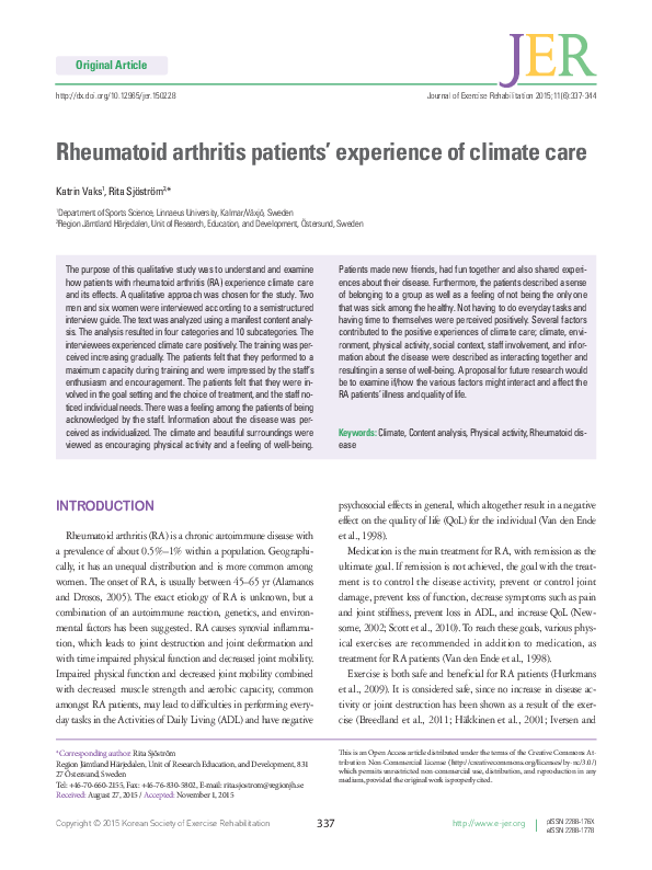 (PDF) Rheumatoid arthritis patients’ experience of climate care