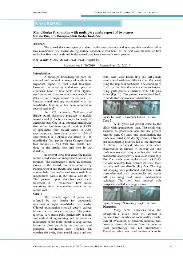 (PDF) Mandibular first molar with multiple canals report of two cases