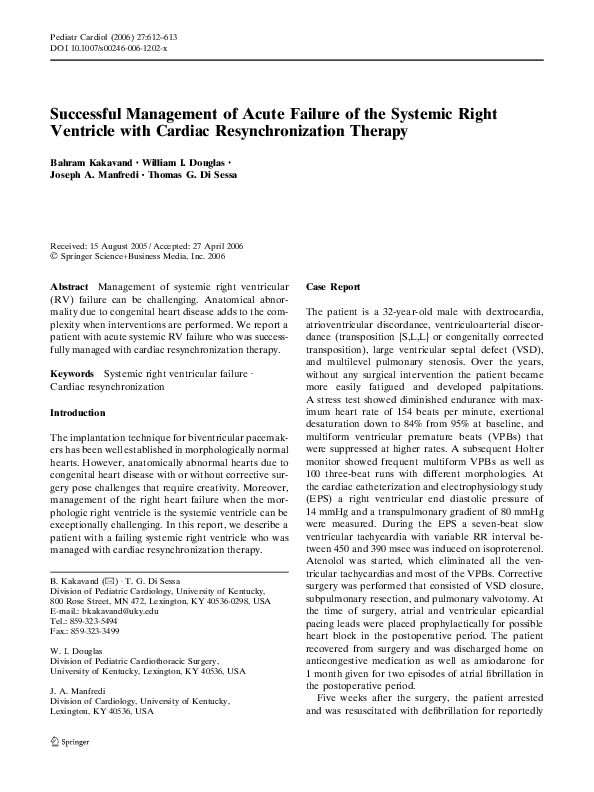 (PDF) Successful Management of Acute Failure of the Systemic Right ...