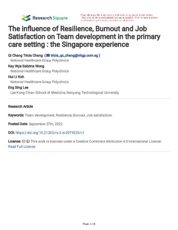 (PDF) The influence of Resilience, Burnout and Job Satisfaction on Team ...