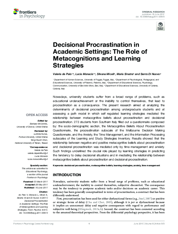 (PDF) Decisional Procrastination in Academic Settings: The Role of ...