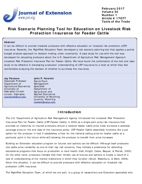 (PDF) Risk Scenario Planning Tool for Education on Livestock Risk ...