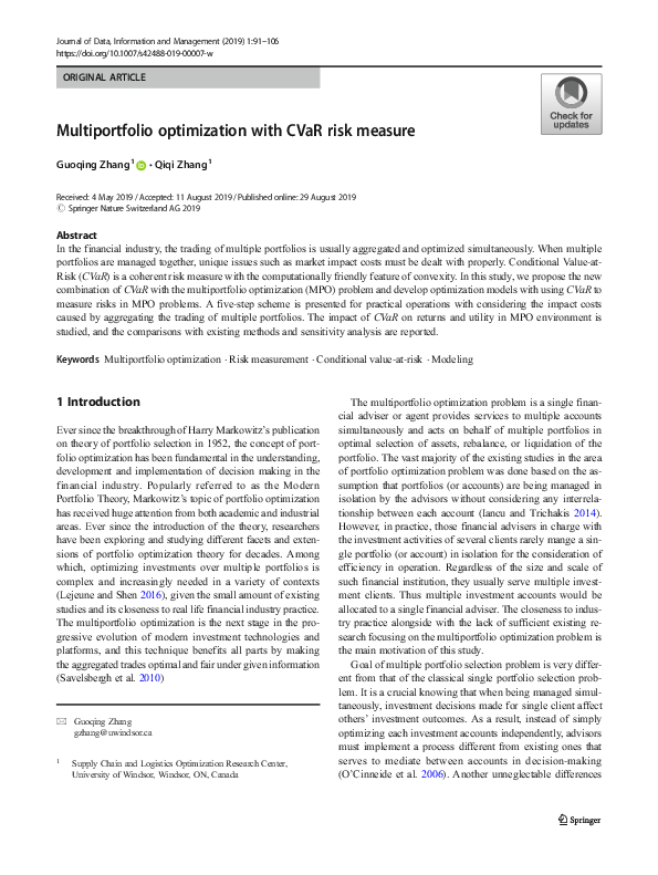 (PDF) Multiportfolio optimization with CVaR risk measure