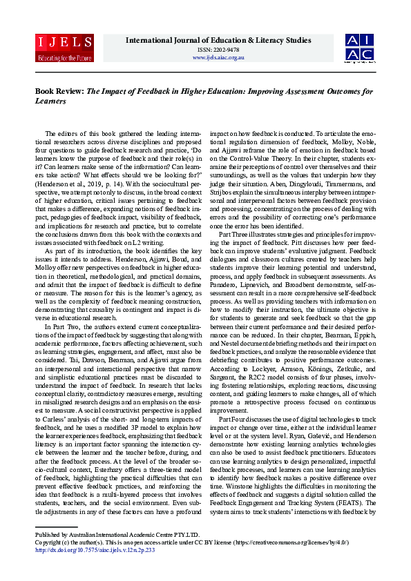 (PDF) Book Review: The Impact of Feedback in Higher Education ...