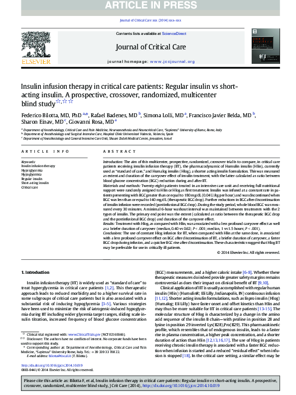 (PDF) Insulin infusion therapy in critical care patients: Regular ...