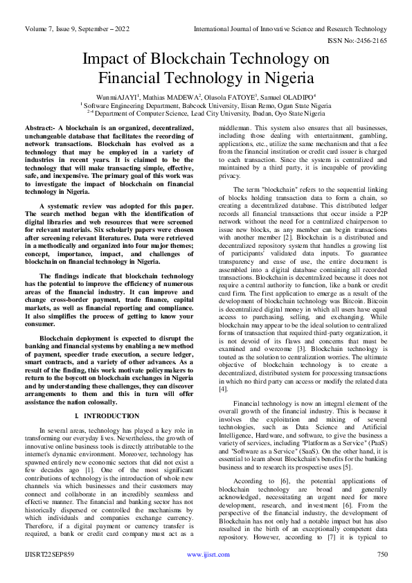 (PDF) Impact of Blockchain Technology on Financial Technology in Nigeria