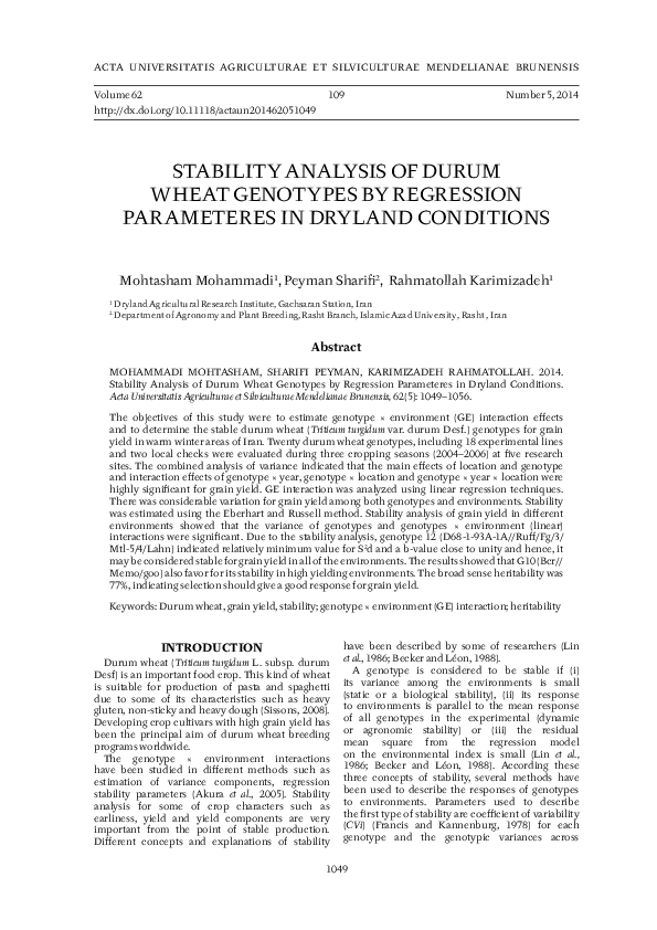 (PDF) Stability Analysis of Durum Wheat Genotypes by Regression ...