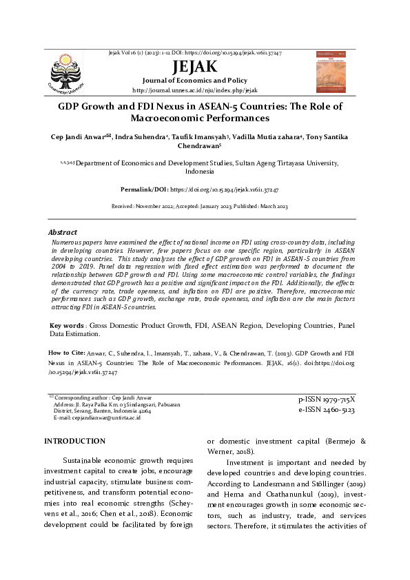 (PDF) GDP Growth and FDI Nexus in ASEAN-5 Countries: The Role of ...