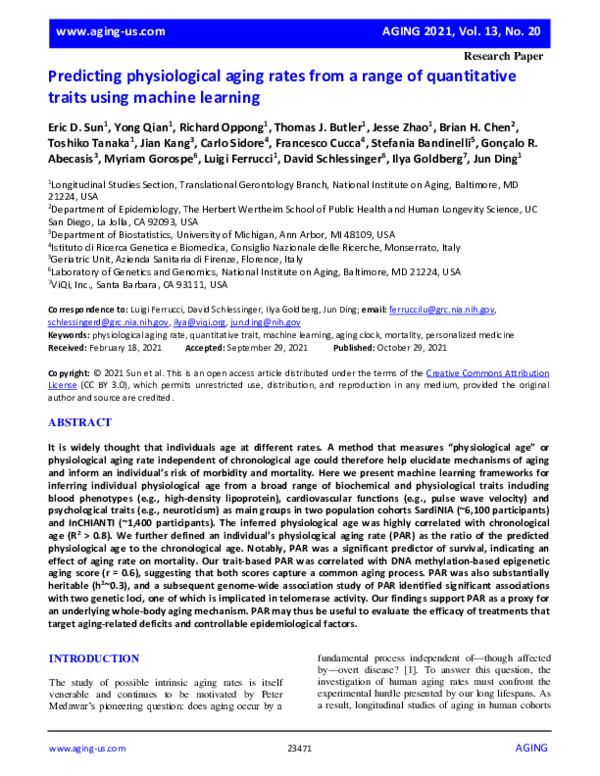 (PDF) Predicting physiological aging rates from a range of quantitative ...