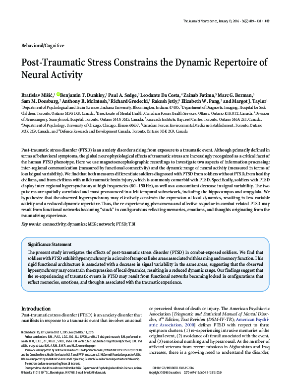 (PDF) Post-Traumatic Stress Constrains the Dynamic Repertoire of Neural ...