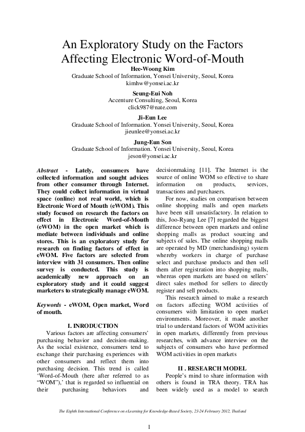 (PDF) An Exploratory Study on the Factors Affecting Electronic Word-of ...