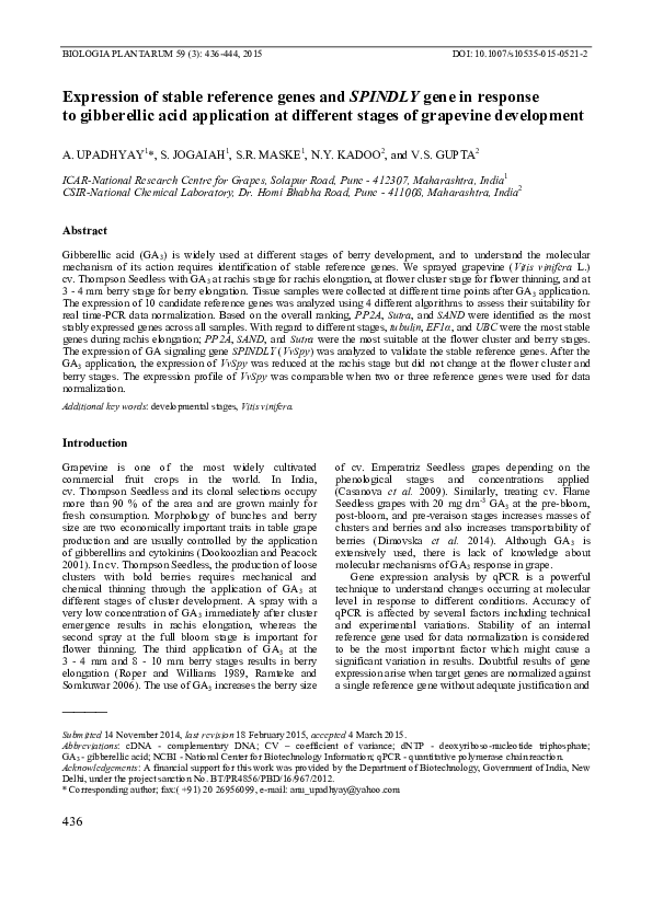 (PDF) Expression of stable reference genes and SPINDLY gene in response ...