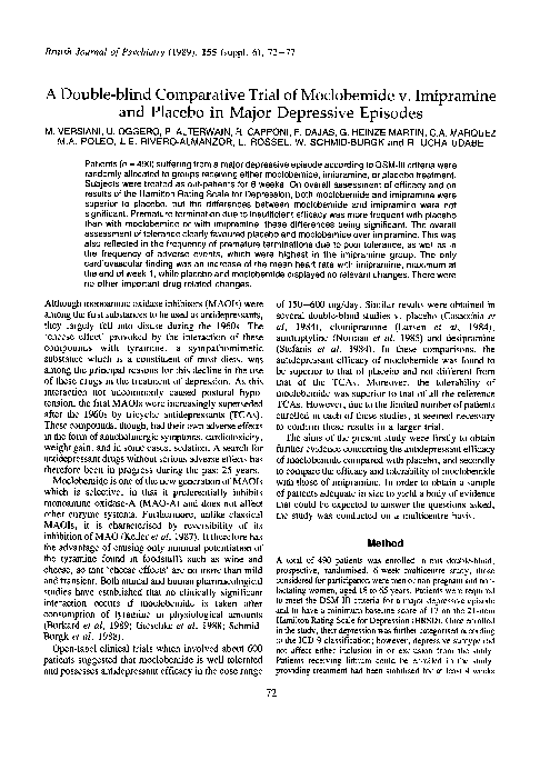(PDF) A Double-blind Comparative Trial of Moclobemide v. Imipramine and ...