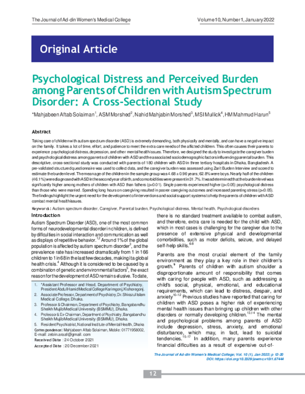 (PDF) Psychological Distress and Perceived Burden among Parents of ...