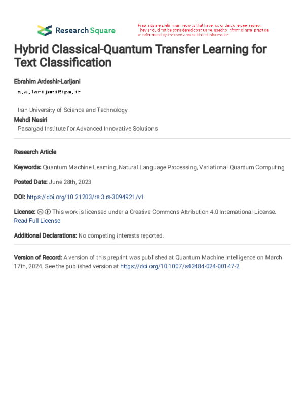 (PDF) Hybrid Classical-Quantum Transfer Learning for Text Classification