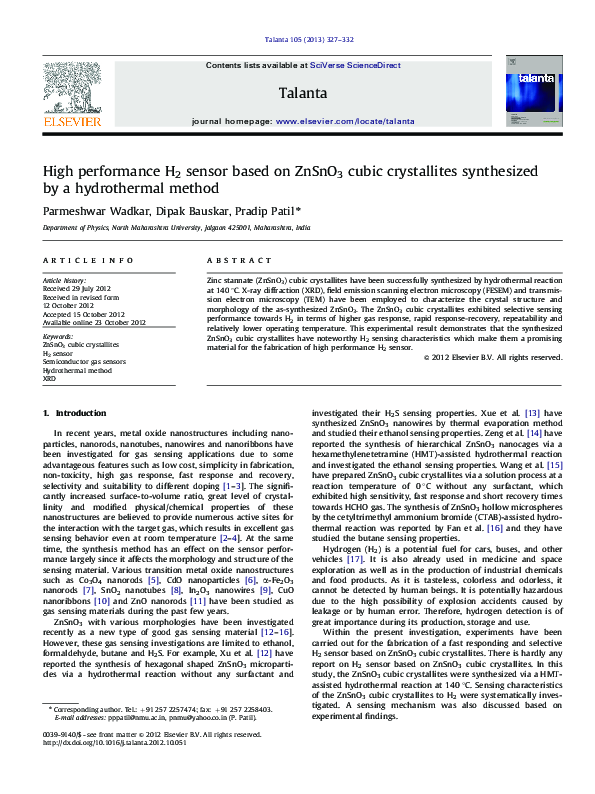 (PDF) High performance H2 sensor based on ZnSnO3 cubic crystallites ...