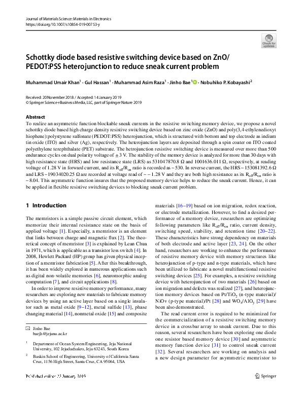 (PDF) Schottky diode based resistive switching device based on ZnO ...