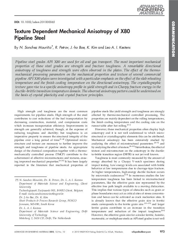 (PDF) Texture Dependent Mechanical Anisotropy of X80 Pipeline Steel
