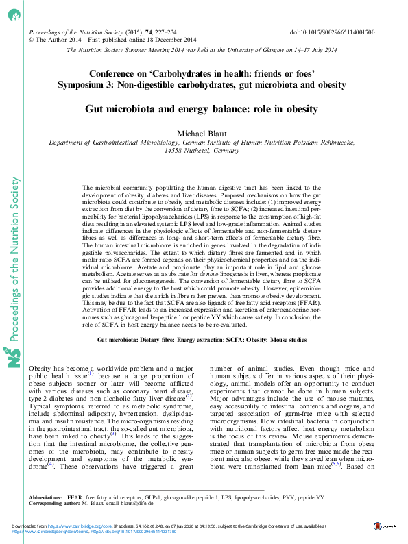 (PDF) Gut microbiota and energy balance: role in obesity
