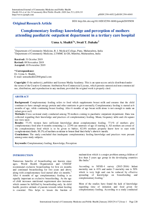 (PDF) Complementary feeding: knowledge and perception of mothers ...