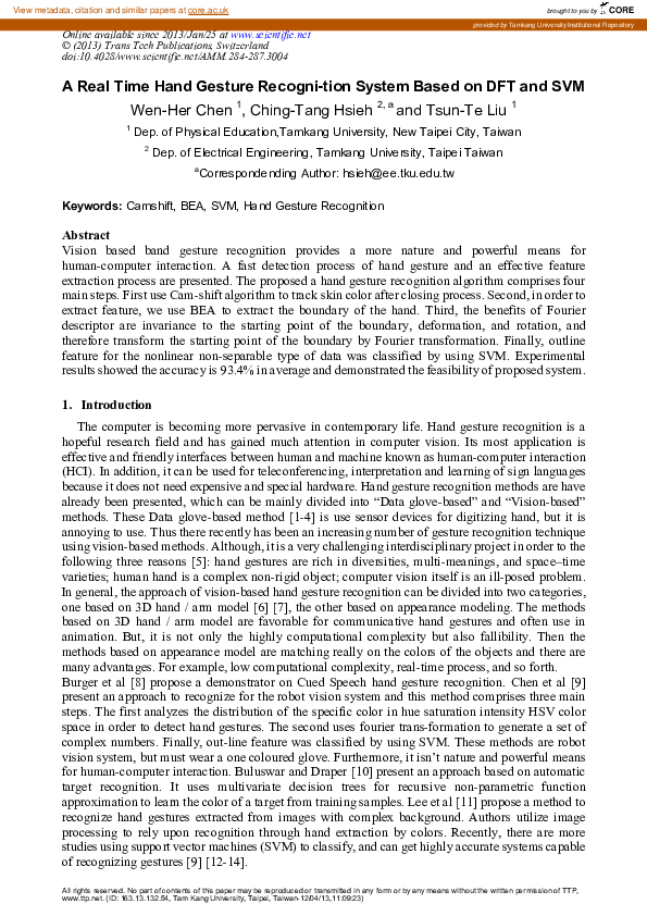 (PDF) A Real Time Hand Gesture Recognition System Based on DFT and SVM