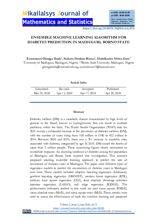 (PDF) ENSEMBLE MACHINE LEARNING ALGORITHM FOR DIABETES PREDICTION IN ...