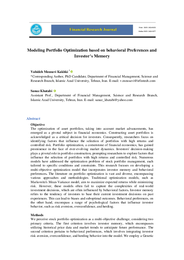 (PDF) Modeling Portfolio Optimization based on behavioral Preferences ...