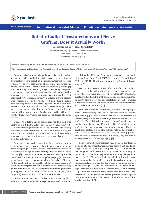 (PDF) Robotic Radical Prostatectomy and Nerve Grafting: Does it ...