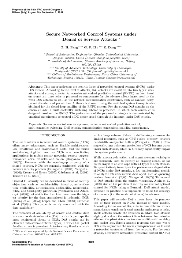 (PDF) Secure Networked Control Systems under Denial of Service Attacks*